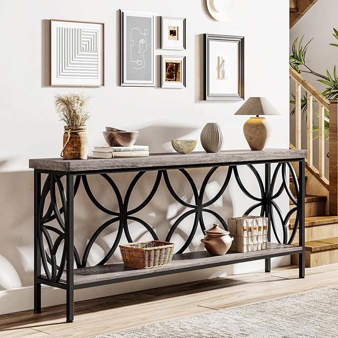 LITTLE TREE Sofa Table, 70.9 Inch Industrial Behind Couch Table with Storage Shelves, Narrow Long Console Table for Entryway, Living Room, Foyer, Hallway, Office