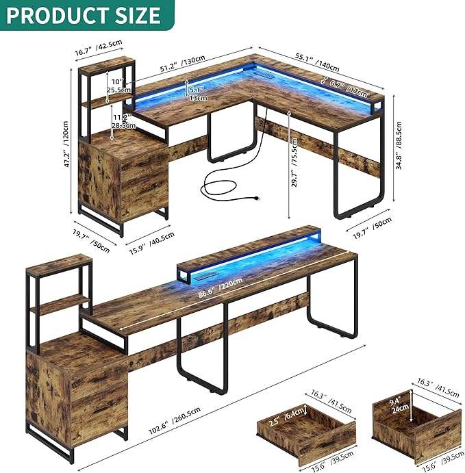 DWVO L Shaped Desk with Drawers, Reversible Computer Desk with Power Outlets, Corner Office Desk with Storage Shelves & LED Lights & Printer Stand, Rustic Brown