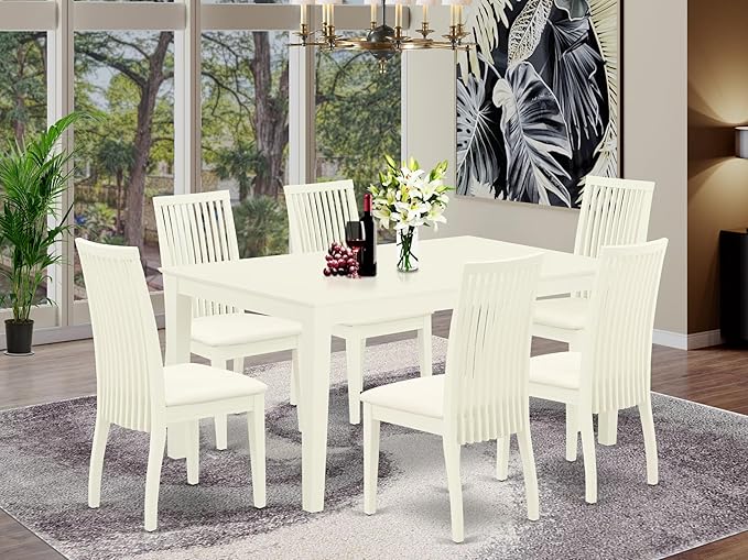 East West Furniture CAIP7-LWH-C 7 Piece Kitchen Table & Chairs Set Consist of a Rectangle Dining Room Table and 6 Linen Fabric Upholstered Dining Chairs, 36x60 Inch, Linen White