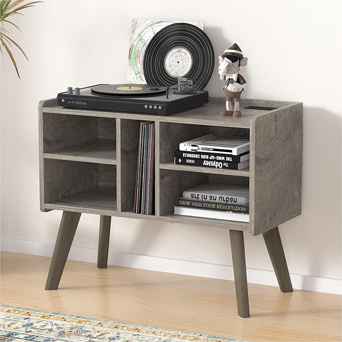 Forevich Record Player Stand Table with Vinyl Storage Holder Large Turntable Record Stand with Power Outlet Holds Up to 220 Albums Display Shelf Cabinet with Wood Legs for Living Room Oak