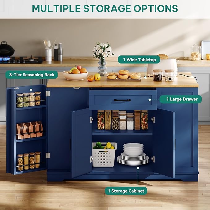 YITAHOME 50" Kitchen Island with Power Outlet & Drop Leaf, Rolling Island Cart with Trash Can Cabinet, Mobile Storage Islands with Microwave Rack, Door Storage Spice Rack, Navy Blue
