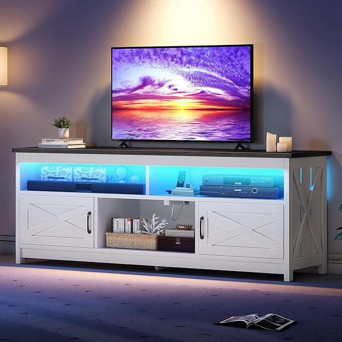 YITAHOME Farmhouse TV Stand for 65/75 Inch Television, LED Entertainment Center Television Stand with Power Outlets and Open Shelf, Media Console TV Cabinet for Living Room, White/Black