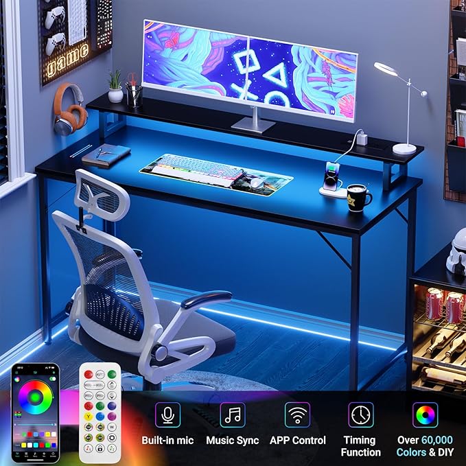 47 inch Computer Desk with Power Outlets, Gaming Desk with LED Lights, Home Office Work Desk with Monitor Shelf, Modern Office Desk Study Writing Table for Small Spaces, Black