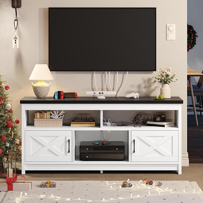 YITAHOME TV Stand for 65/55 Inch Television, Farmhouse Entertainment Center Television Stand with Power Outlets and Open Shelf, Media Console TV Cabinet for Living Room, White/Black