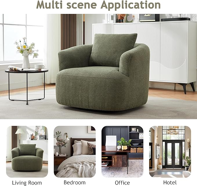 Merax Modern Cozy Chenille 360° Swivel Sofa Chair w/a Throw Pillow, 38.2" Upholstered Leisure Barrel Accent Armchair with Deep Seating for Living Room Bedroom,Office, Hotel, Easy Assemble, Green