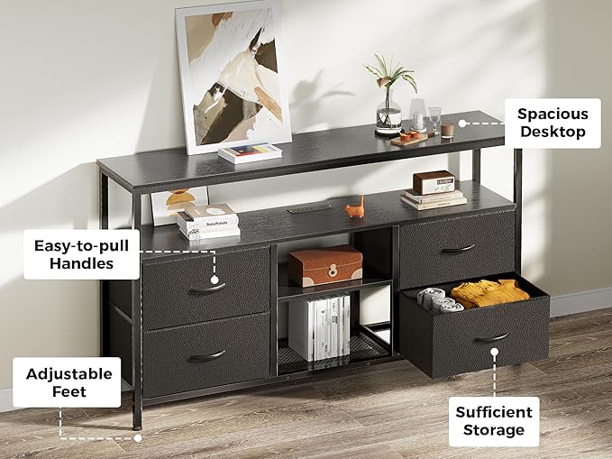 Huuger 47 Inch TV Stand Dresser with Power Outlets and LED Lights, 4 Drawers Entertainment Center with Open Shelf, Media Console for 55 50 Inch TV, Dresser with PU Finish, Black