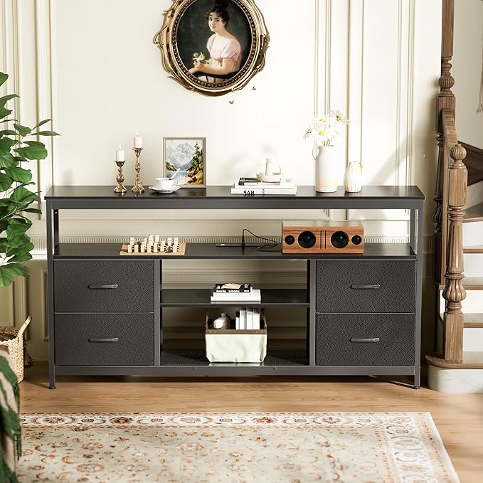 Huuger TV Stand Dresser with Power Outlets and LED Lights, 4 Drawers Entertainment Center with Shelf, 54 Inch Media Console for 55 60 Inch TV, 4 AC Outlets, 2 USBs, Dresser with PU Finish, Black