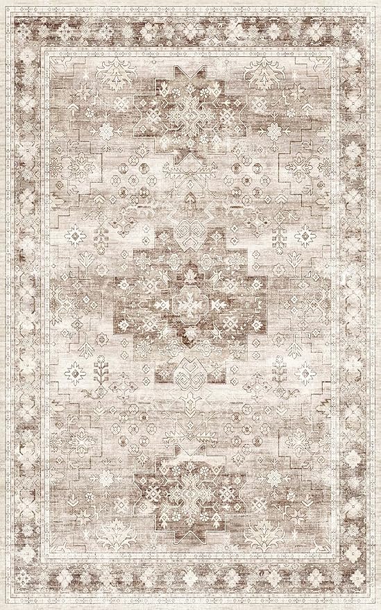 Washable Neutral Farmhouse Living Room Rug, 5x8 Area Rugs for Bedroom Under Bed, Nursery Room, Boho Vintage Floral Non-Slip Rug Low Pile Stain Resistant (5x8 Beige/Latte)