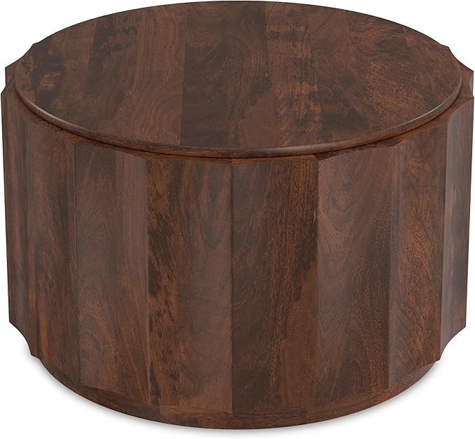 SIMPLIHOME Trenton Coffee Table - 32 inch Wide Solid Mango Wood Round Living Room Table in Walnut Brown, Contemporary Sculpted Drum Center Table for Family Room with Scalloped Edge, Assembled