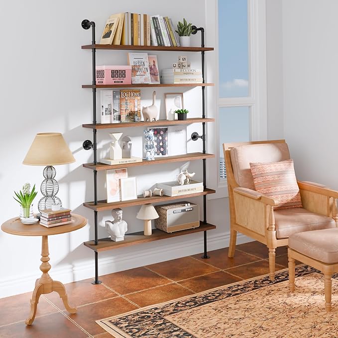 6 Tier Industrial Ladder Shelf Bookcase, Wall Mounted Rustic Bookshelf for Living Room Decor and Storage (Walnut Color, 6 Tier - 10" D x 48" W x 82.5" H)