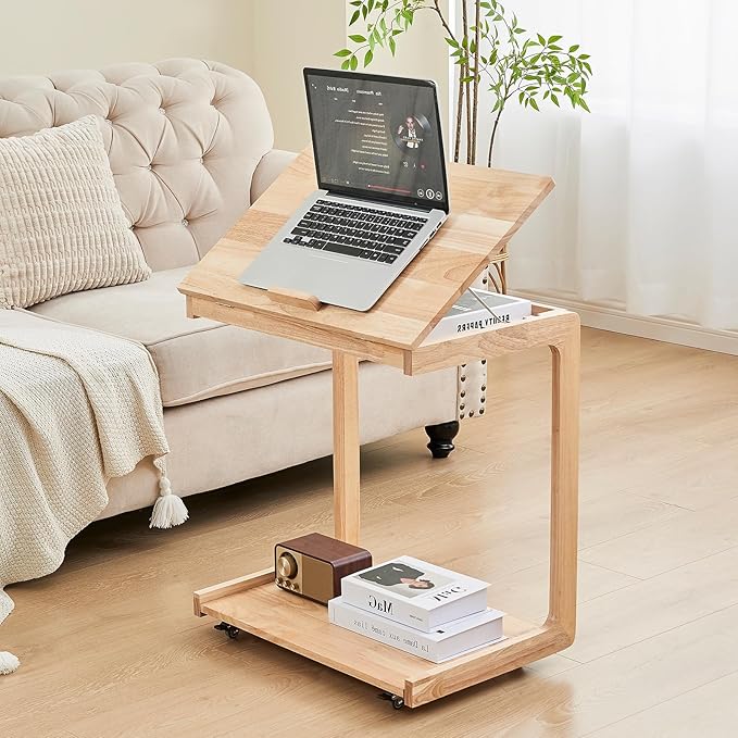 CozyDH Adjustable C Shaped End Table, Solid Wood Rolling Side Table, TV Sofa Tray Table for Couch Arm Eating Multi-Purpose, Small Coffee Table with Wheels Living Room Bedroom, Natural