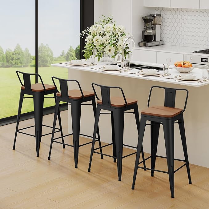 Yongchuang 26" Metal Barstools Set of 2 Counter Bar Stools with Wood Top Low Back Matte Black