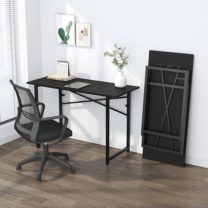 Folding Computer Desk 47 inch Writing Gaming Computer Camping Table, No Assembly Required Home Office Desk, Black