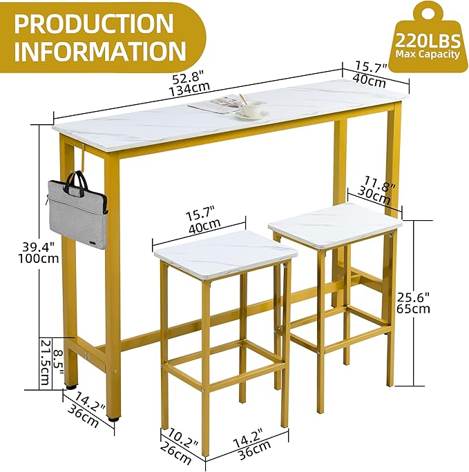 Finnhomy 52.7" Industrial Bar Table Set with 2 Stools - Counter Height Dining & Pub Table for Small Spaces, Kitchen, Apartment, Nook - Metal & Wood, Space-Saving Furniture - White Marble and Gold