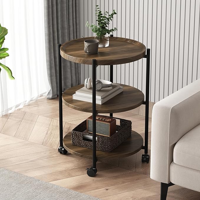 Side Table, 3-Tier Modern End Table with Wheels, Small Round Nightstand Bedside Table for Living Room, Bedroom, or Small Spaces-Walnut