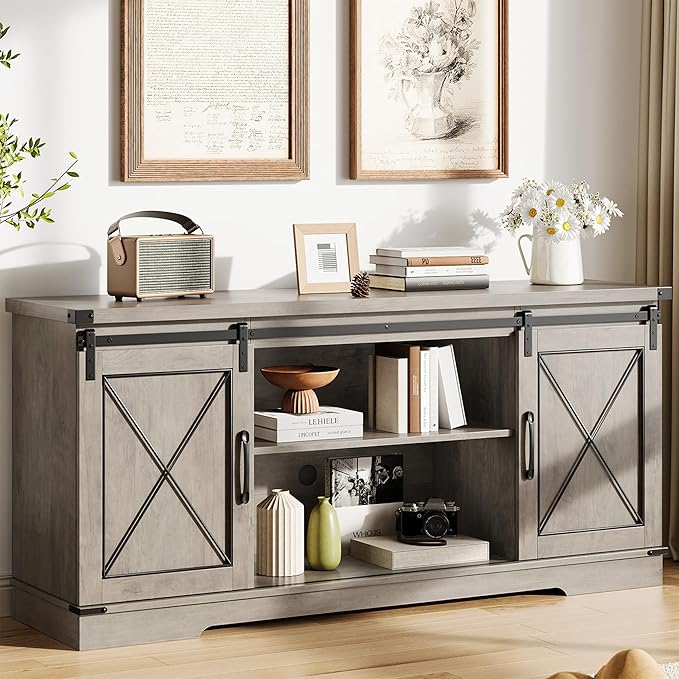 IDEALHOUSE Farmhouse TV Stand and Entertainment Center for Tv up to 65 inches with Sliding Barn Doors and Adjustable Shelf, Tv Media Console Table with Storage Cabinet for Living Room, Grey
