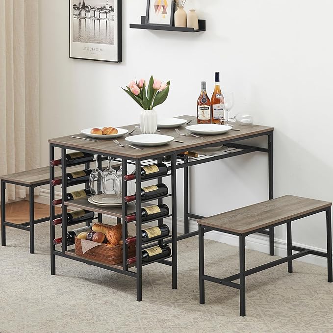IDEALHOUSE Dining Table Set for 4, Kitchen Table Set for 4 with 2 Benches, Rectangular Dining Room Table Set with Wine Rack, 3 Piece Dining Table Set for Small Space Apartment, Grey