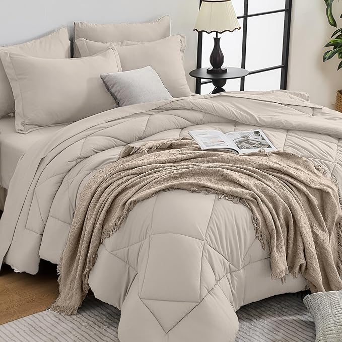 HEVUMYI Beige Tan Twin-XL Comforter Set - 5-Piece All Season Bed in a Bag Twin-XL, Ultra Soft Bedding Set with Comforter, Flat Sheet, Fitted Sheet, Pillowcases, Pillow Shams, Beige Tan