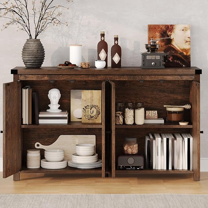 DWVO Farmhouse Sideboard Buffet Cabinet with Storage, 55'' Kitchen Storage Cabinet with Doors, Large Coffee Bar Cabinets with Adjustable Shelves for Kitchen, Living Room, Brown