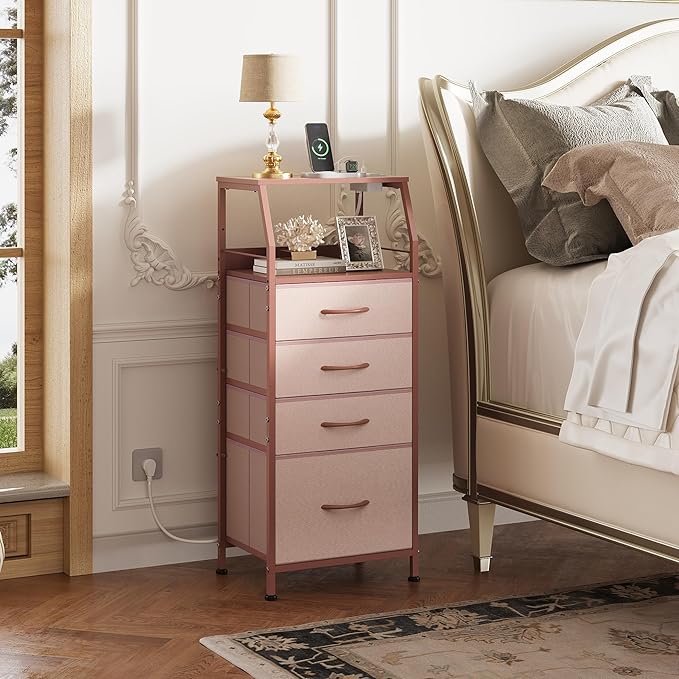 WLIVE 4 Drawer Dresser for Bedroom, 37" H Nightstand with Charging Station and Led Light, Tall Night Stand Bed Side Table, End Table with USB Ports and Outlets, Fabric Bins, Wood Shelf, Pink