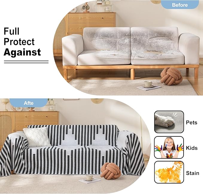 Boho Sofa Cover, Couch Covers for 3 Cushion Couch Sofa Pet Friendly, Sofa Cover Washable, Soft Chenille Living Room Couch Covers Slipcover, Pet Furniture Protecto (2# White, 71" x 134")