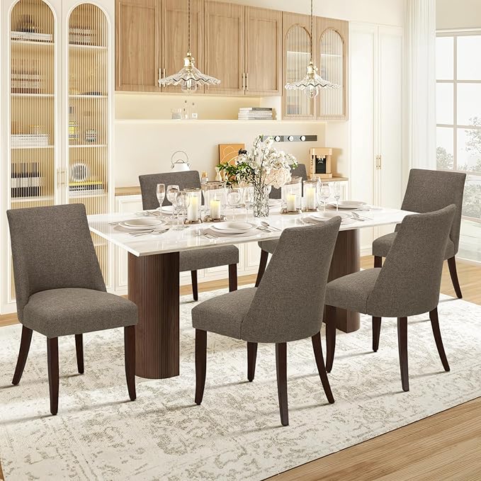 COLAMY Upholstered Dining Chairs Set of 6, Mid Century Modern Kitchen Chairs with Back, Farmhouse Fabric Side Dining Room Chairs with Wood Legs for Dining Room Restaurant, Brown