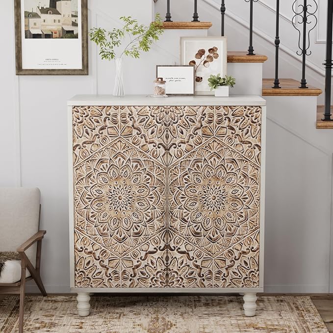 COSIEST Set of 3 32" Buffet Sideboard Cabinets with Vintage Firework Carved Pinewood Doors, Push-to-Open Storage Accent Cabinets, Gray