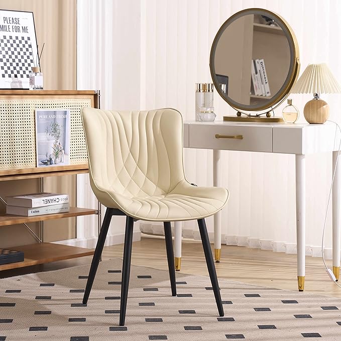 YOUTASTE Dining Chairs Set of 2 Upholstered Mid Century Modern Kitchen Dining Room Chairs Armless Faux Leather Accent Chairs Metal Vanity Lounge Chair with Back for Living Room Bedrooms,Beige