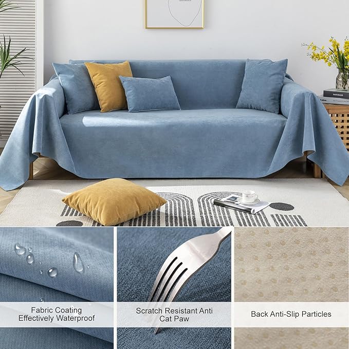 STACYPIK 100% Waterproof Blue Couch Cover for Pets, Sectional L Shape Sofa Cover for 2 Cushion Couch, Anti-Cat Scratch Furniture Protector Cover, Anti Slip Sofa Throw Cover for Dogs Kids-71x90IN