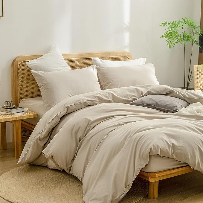 BESTOUCH Duvet Cover Set 100% Washed Cotton Linen Feel Super Soft Comfortable Chic Lightweight 3 PCs Home Bedding Set Solid Almond Milk Grey Oversized Full