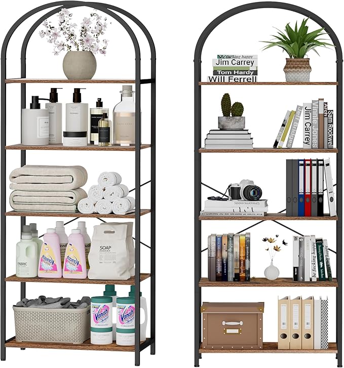 Homhedy 5-Tier Bookshelf Arched Display Racks, Wood and Metal Bookcase, Tall Bookshelf, Industrial Display Standing Shelf Unit, for Home Office, Living Room, Bedroom, Bathroom, Rustic Brown