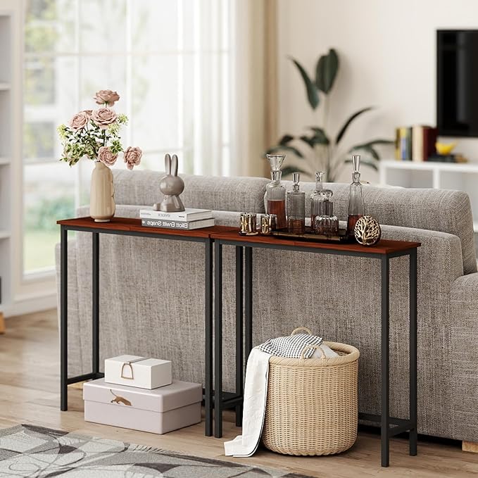 HollyHOME Narrow Console Table, 29.5" Slim Entryway Table, Sofa Stand, Hallway Shelf for Hallway, Bedroom, Living Room, Foyer, Canyon Walnut