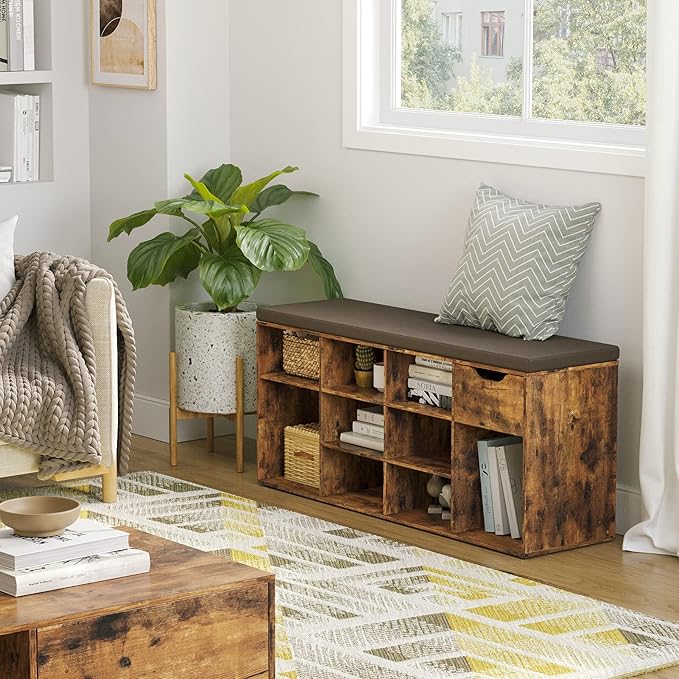 DINZI LVJ Shoe Bench, Entryway Storage Bench with Drawer and 11 Cubbies, Cubby Shoe Rack with Adjustable Shelves, Shoe Organizer Cabinet for Living Room, Mudroom, Closet and Garage, Rustic Brown