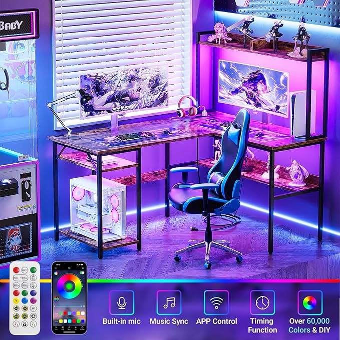 L Shaped Computer Desk with Hutch and Storage Shelves, Gaming Desk with LED Lights, Reversible L-Shaped Desk with Power Outlets, Home Office Desk, Corner Desk, Rustic Brown
