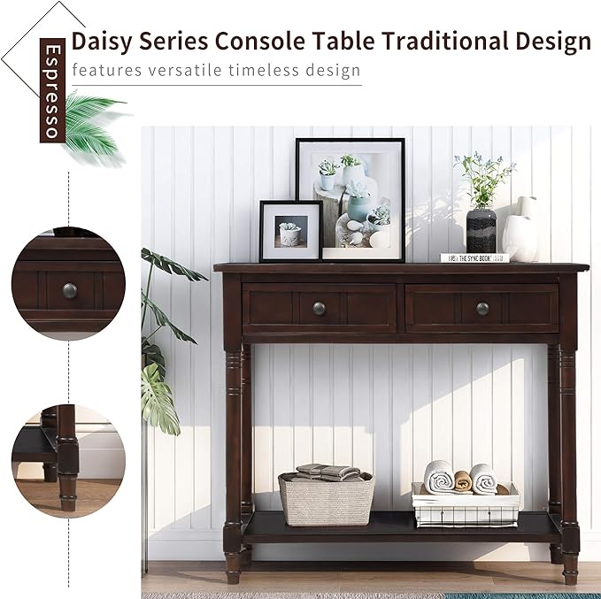 Merax Modern Wood Narrow Console Table for Entryway Hallway Front Door SideTable with Drawers and Bottom Shelf Espresso