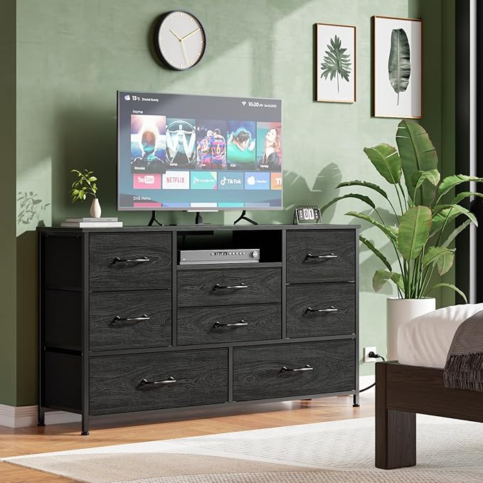 Furnulem Dresser TV Stand with Power Outlet for 55'' Long TV, Entertainment Center with 8 Deep Drawers,Wide Chest of Drawer for Storage in Bedroom,Closet,Living Room,Hallway(Black Oak)