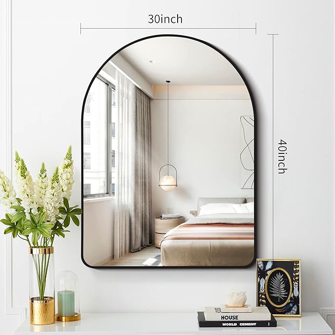 FORBATH Arched Mirror 30x40 Inch, Black Arched Bathroom Mirror Wall Mounted Modern Black Aluminum Frame Decor Large Dresser Mirror for Bedroom Living Room Entryway, Hanging or Leaning Against Wall