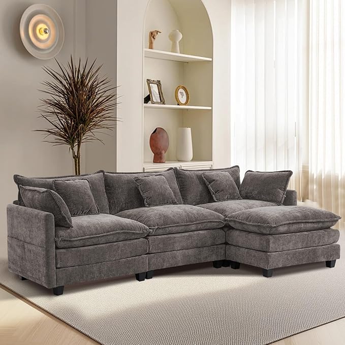Furniliving 112‘’ L-Shaped Sofa, Luxury Chenille Modular Sectional Couches with Ottoman, Upholstered Deep Seat Sleeper Sofa with Memory Foam and Waist Pillows, Grey