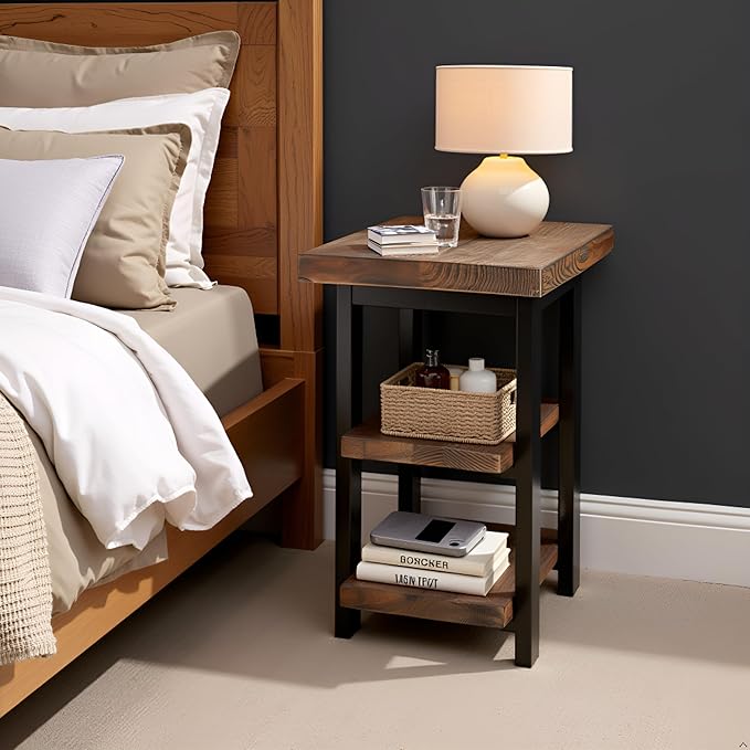 Pomona 3-Tier Solid Wood End Table with Storage Shelves – Rustic Industrial Space-Saving Side Table or Nightstand for Living Room, Bedroom, or Entryway by Alaterre Furniture