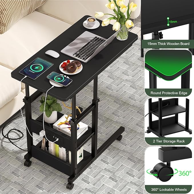 C Shaped End Table Height Adjustable - Couch Side Table with Charging Station, TV Tray with Wheels Slide Under Sofa for Small Spaces, Living Room Bedroom, Black