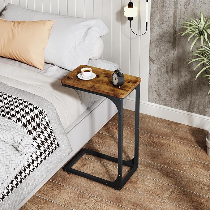 QEEIG Narrow C Shaped Side Table Set of 2 Living Room Sets Slim Couch Tray Tables Skinny Thin Small Farmhouse 9.5 inch Width, Rustic Brown (017-24BN)