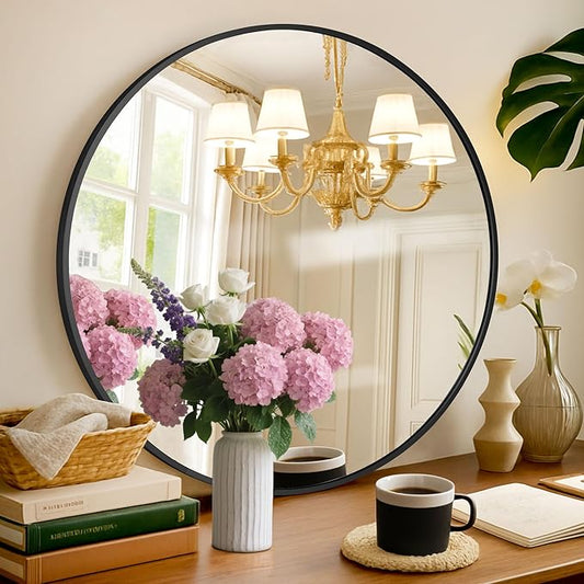 Circle Mirror 16 Inch Black Round Bathroom Mirror Round Bathroom Mirror Circle Mirrors for Wall Decor Frosted Metal Frame Anti-Rust Tempered Glass for Bedroom Living Room Decorative