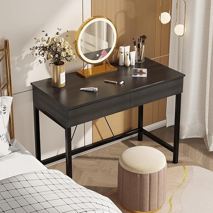 CAIYUN Small Computer Desk with Drawers, 39.4 Inch Home Office Desks with Storage, Simple Modern Kids Desk, Vanity Desk for Bedroom, Work Study Writing Desk Table for Small Spaces (Black, Wooden)