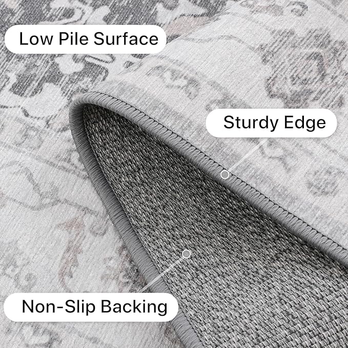 GENIMO Area Rugs 6x9 Machine Washable Rug for Living Room, Non Slip Vintage Indoor Rug, Low Pile Lightweight Chenille Print Carpet for Bedroom Dining Room Home Office