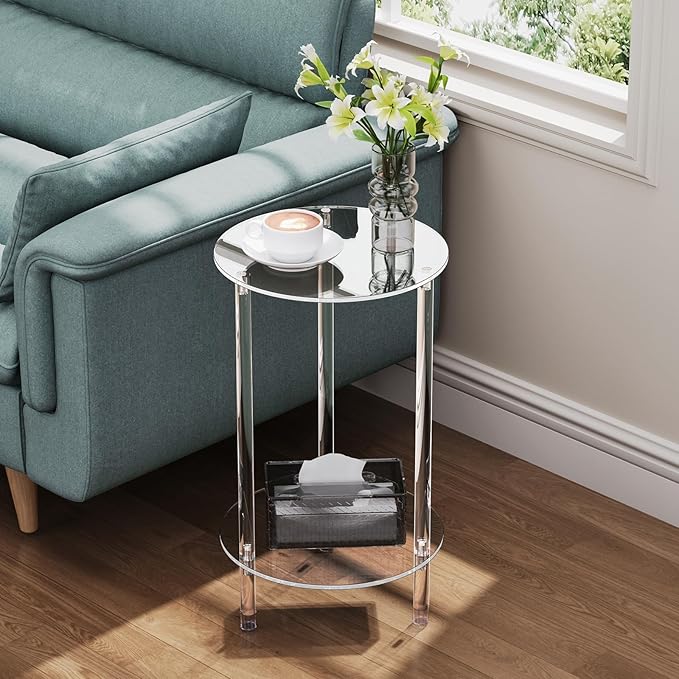 Clear Round Acrylic Side Table for Small Spaces, 11.81" L x 11.81" W x 19.82" H, 2 Tier Small Modern Drink End Table Nightstand, Minimalist Bedside Table for Living Room, Bedroom, Bathroom