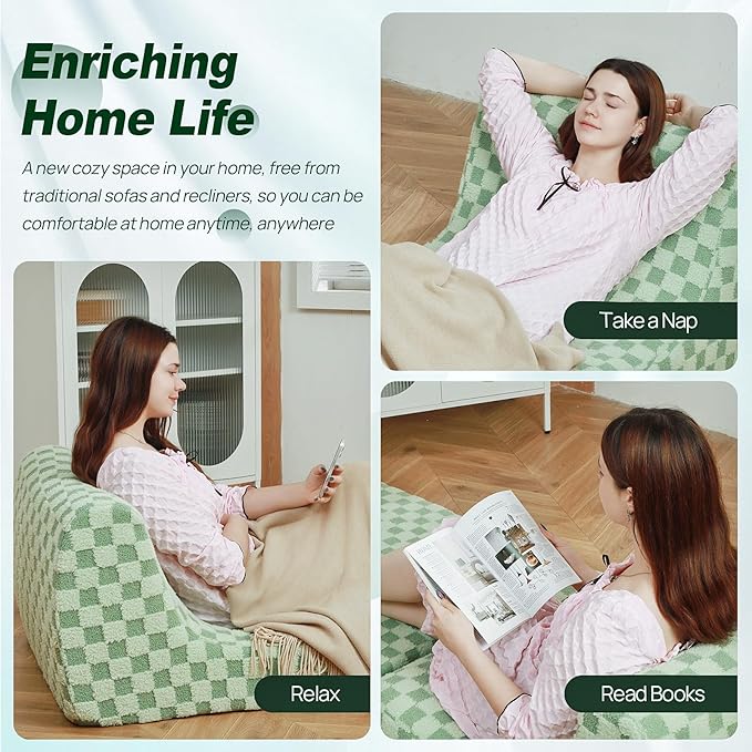 Bean Bag Chair with Checkerboard Shaker Fleece Fabric, Folding Sofa Bed, Floor Sleeper Lounge Chair, Lazy Sofa for Living Room, Bedroom, Apartments (Mint Green)