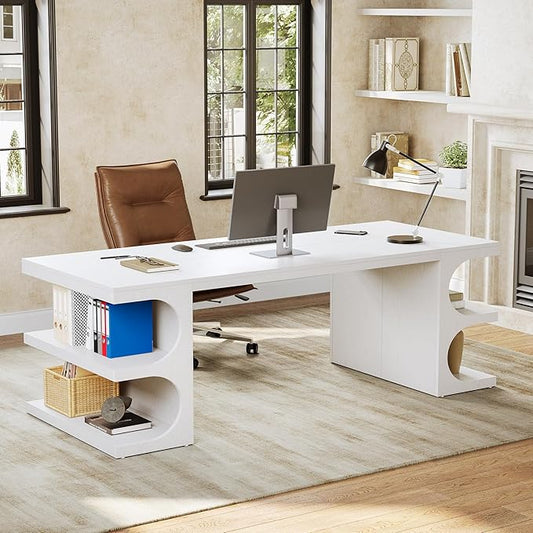 LITTLE TREE 62.2-Inch Executive Desk, Modern Home Office Desks, Office Table with Storage Shelves for Workspace, Large Computer Desk, Long Contemporary Writing Desk, White