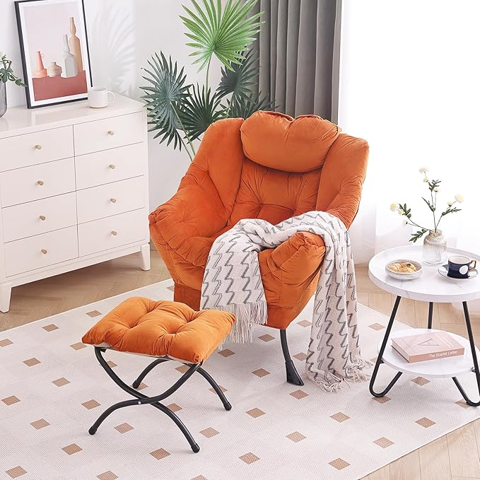 Lazy Chair with Ottoman, Modern Chair with Folding Footrest, Lounge Accent Chair, Comfortable Reading Chair, Oversized Armchairs for Bedroom, Study, Living Room, Courtyard (Velvet Orange)