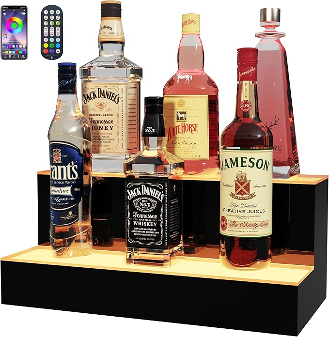 MESAlLUP Acrylic 16 Inch 2 Tier High Light LED Liquor Bottle Display Shelf with Remote Control, Mulit Color Lighting for Home Mini Bar, Restaurants & Party Use(Without Power Bank)