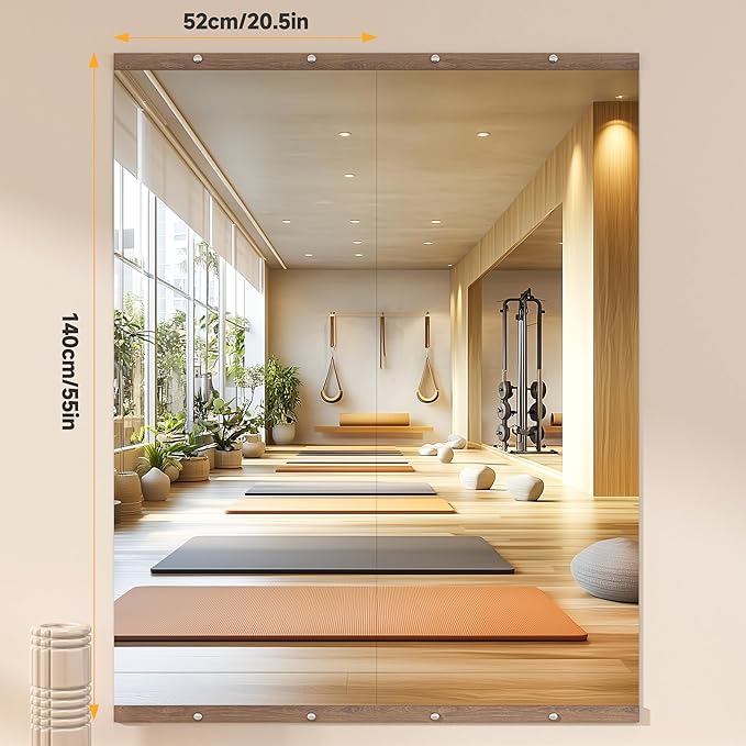 Hasipu 2Pcs 55''x20'' Home Gym Mirror Large Full Length Wall Mounted Full Body Mirror for Yoga Dance Fitness Exercise Studio Bedroom Garage, Frameless Tempered Glass Workout Mirrors Walnut Rectangular